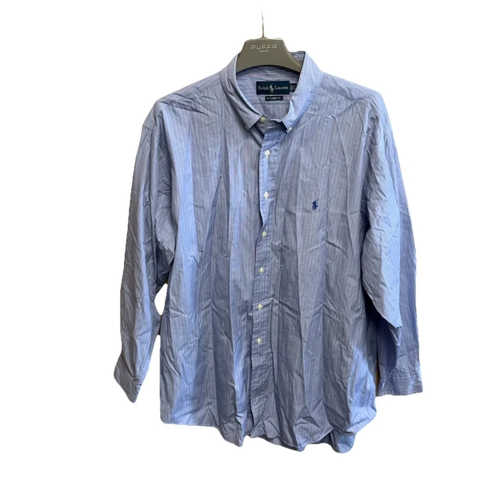 Ralph Lauren Shirt Men Large 17 1/2 4/5 Blue Pink Striped Button‎ Down Classic